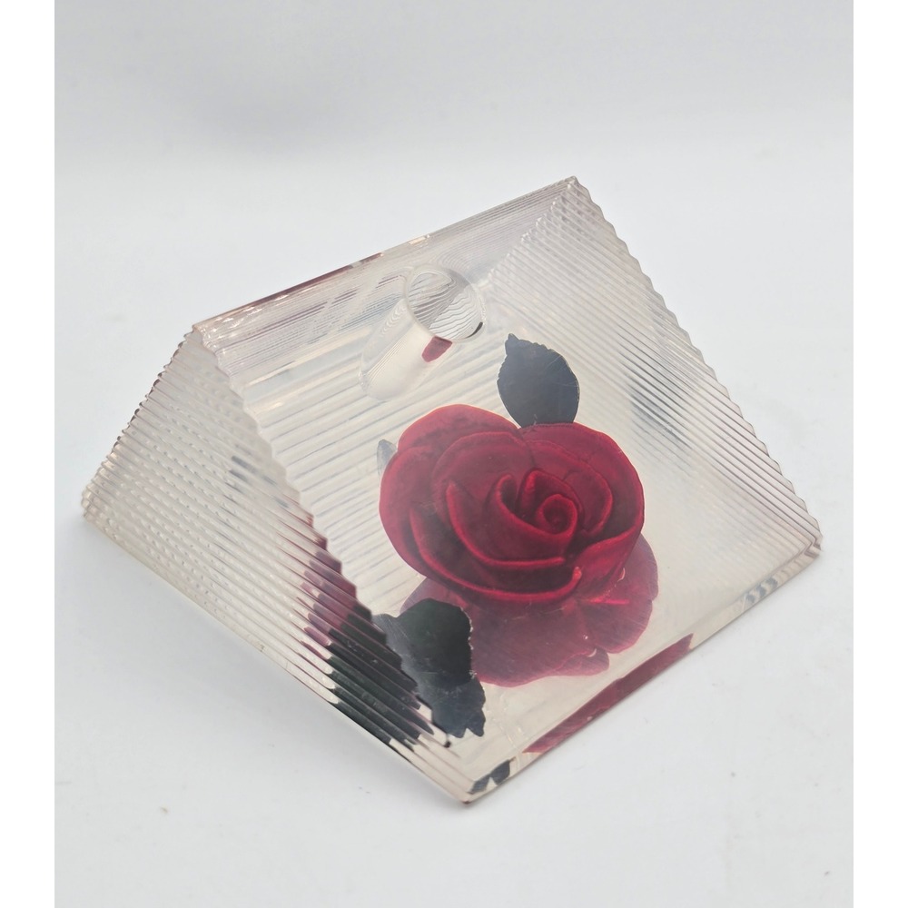 Vintage Bircraft Red Rose Lucite Pen Holder Paperweight Hand Carved Pyramid MCM